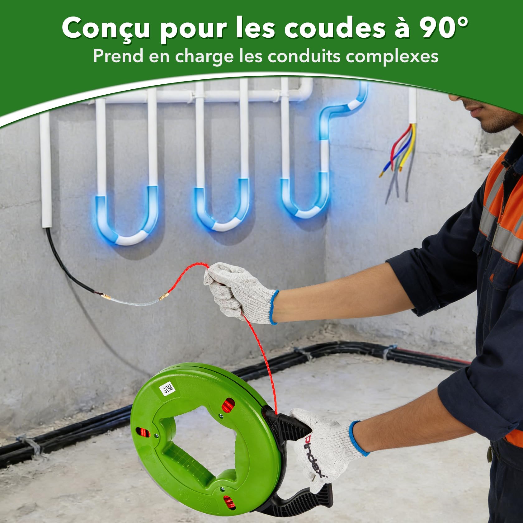 Pindex 30 m Aiguille Electricien 4 mm Tire Fils Cable Electrique avec 5 Adaptateurs pour Tuyaux Vides, Câble d'Alimentation, Câble Réseau, Fibre Optiqueuidage