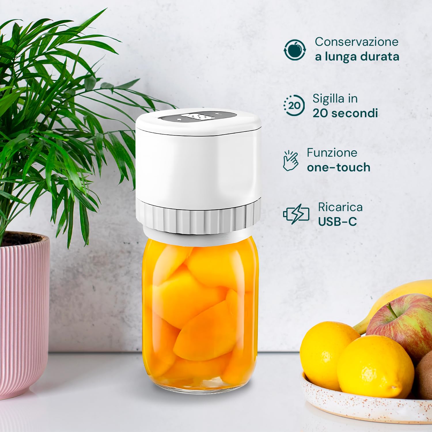 Avilia - Sigillatore Macchina Sottovuoto Alimenti per Barattoli Ø6,8/8,3 cm con 10 Tappi Inclusi, Sigillatura Automatica, Uso Domestico e da Viaggio, Alimentazione USB-C, Compatto e Portatile