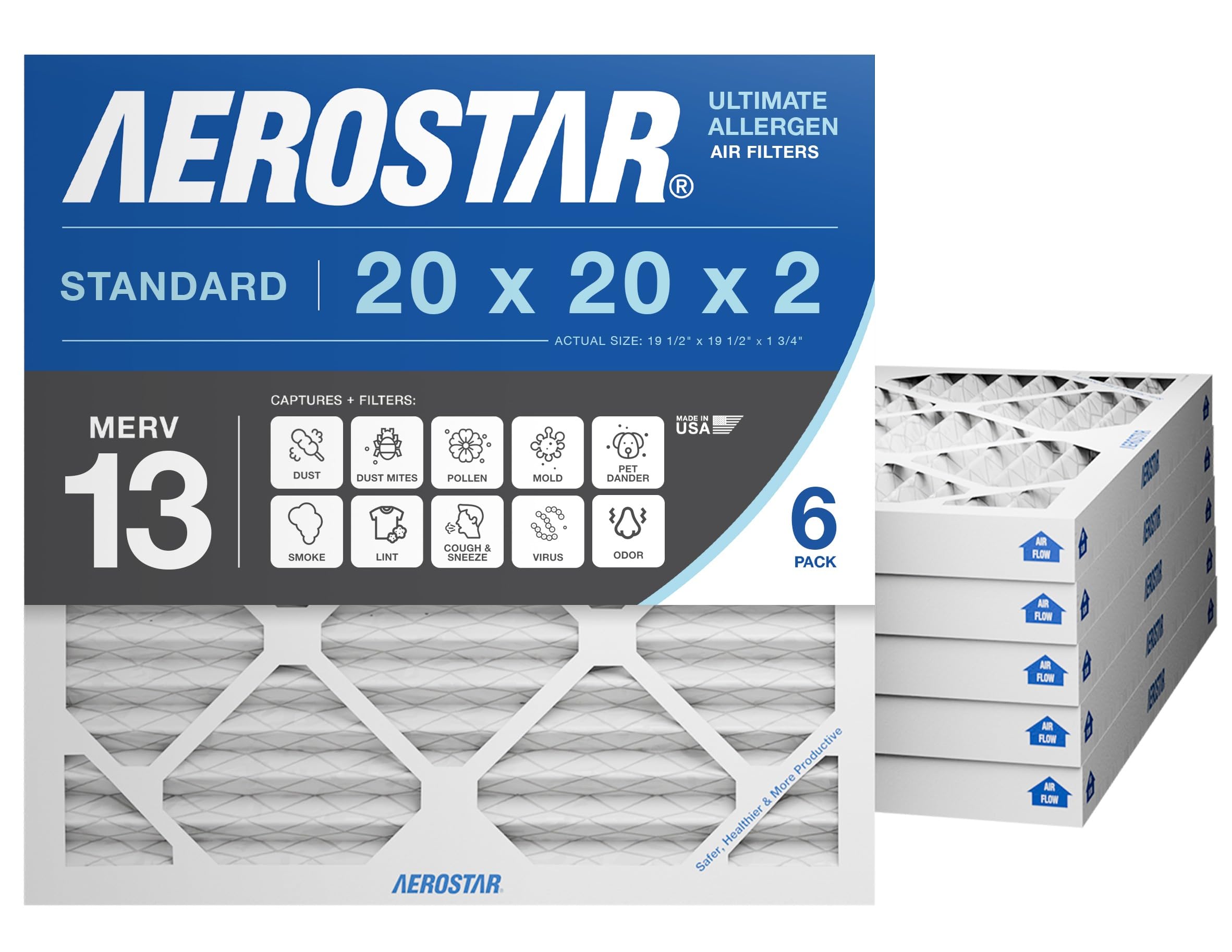20x20x2 MERV 13 Air Filter, 6 Count, ACTUAL SIZE (19.50 x 19.50 x 1.75), HVAC, Air Conditioning & Furnace Filter for Allergies, Dust, Pet Dander & Smoke (MPR 1500 / FPR 10), Made in USA