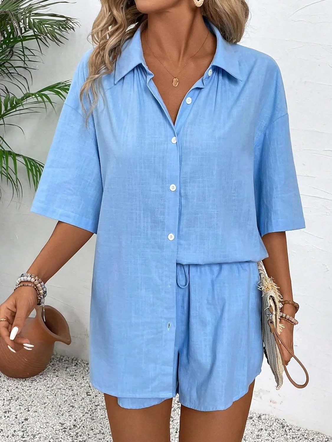 Women's 2-Piece Casual Short Sleeve Shirt Set Oversized Outfit For Spring Summer And Fall