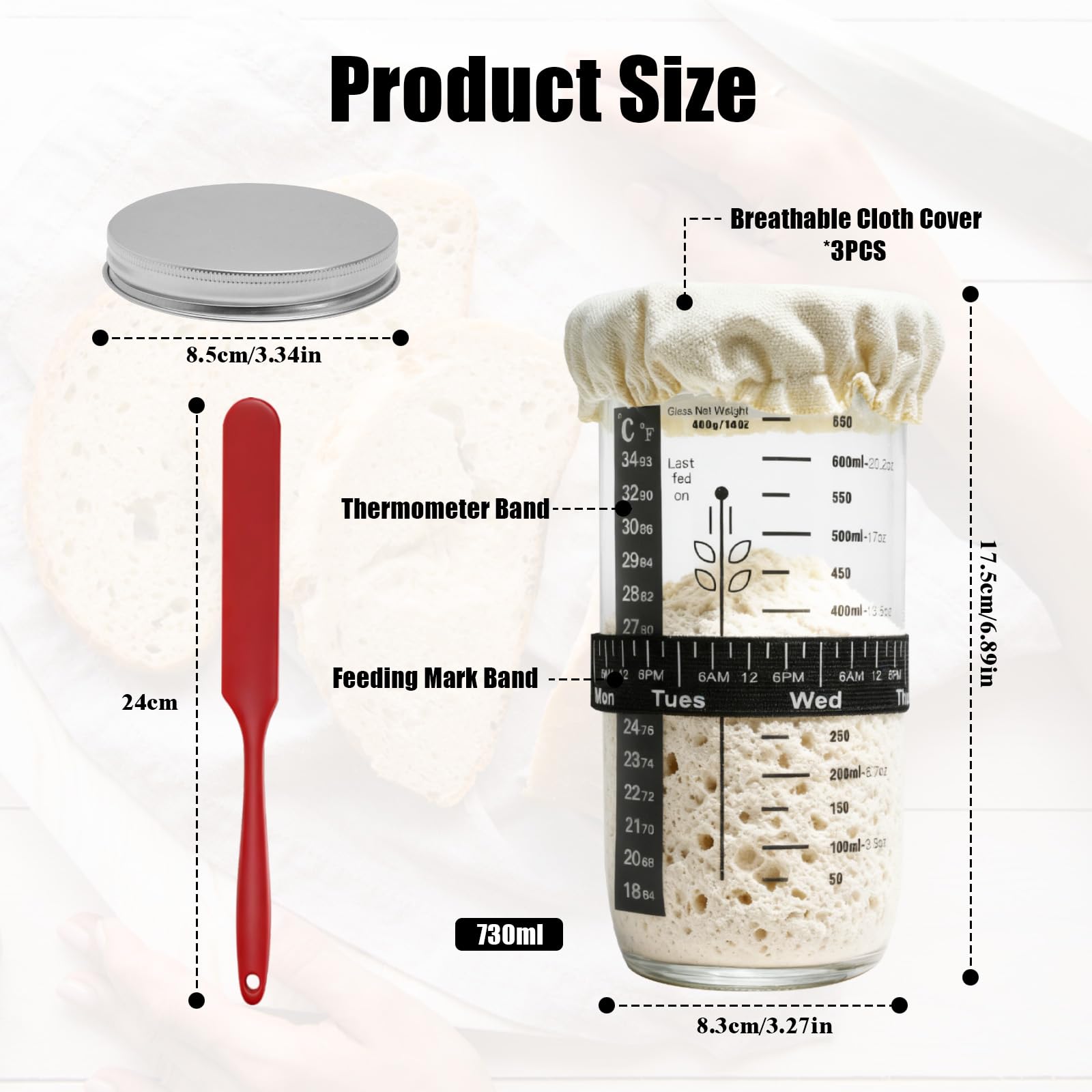 Kit De Tarro De Masa Madre 730 ml Con Termómetro Para Panadería y Fermentación