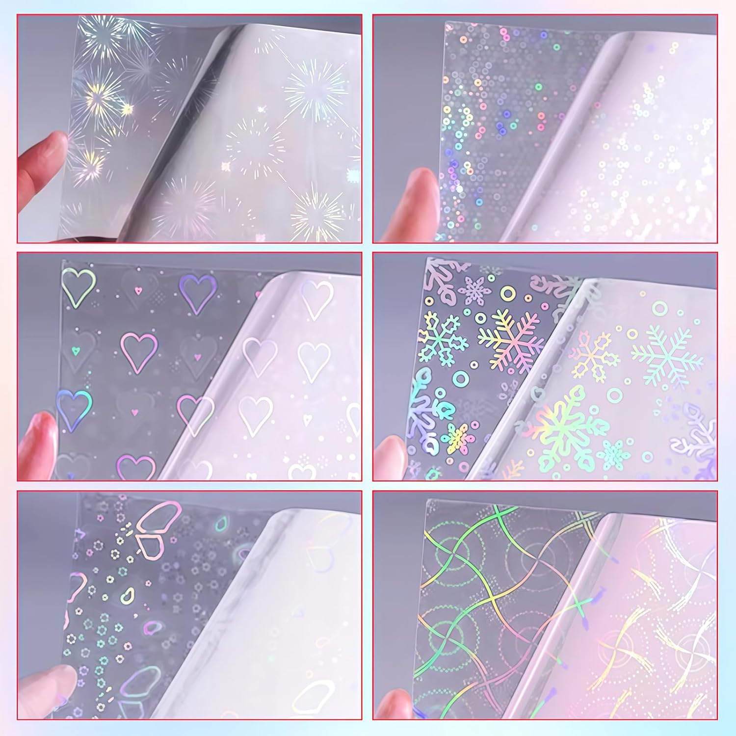 STARVAST 120 Sheets Holographic Cold Laminate Film, Transparent Self-Adhesive Vinyl Overlay for Stickers, A4 Size Waterproof Holographic Sticker Paper Decoration - 6 Patterns Heart, Snowflake, Staretc