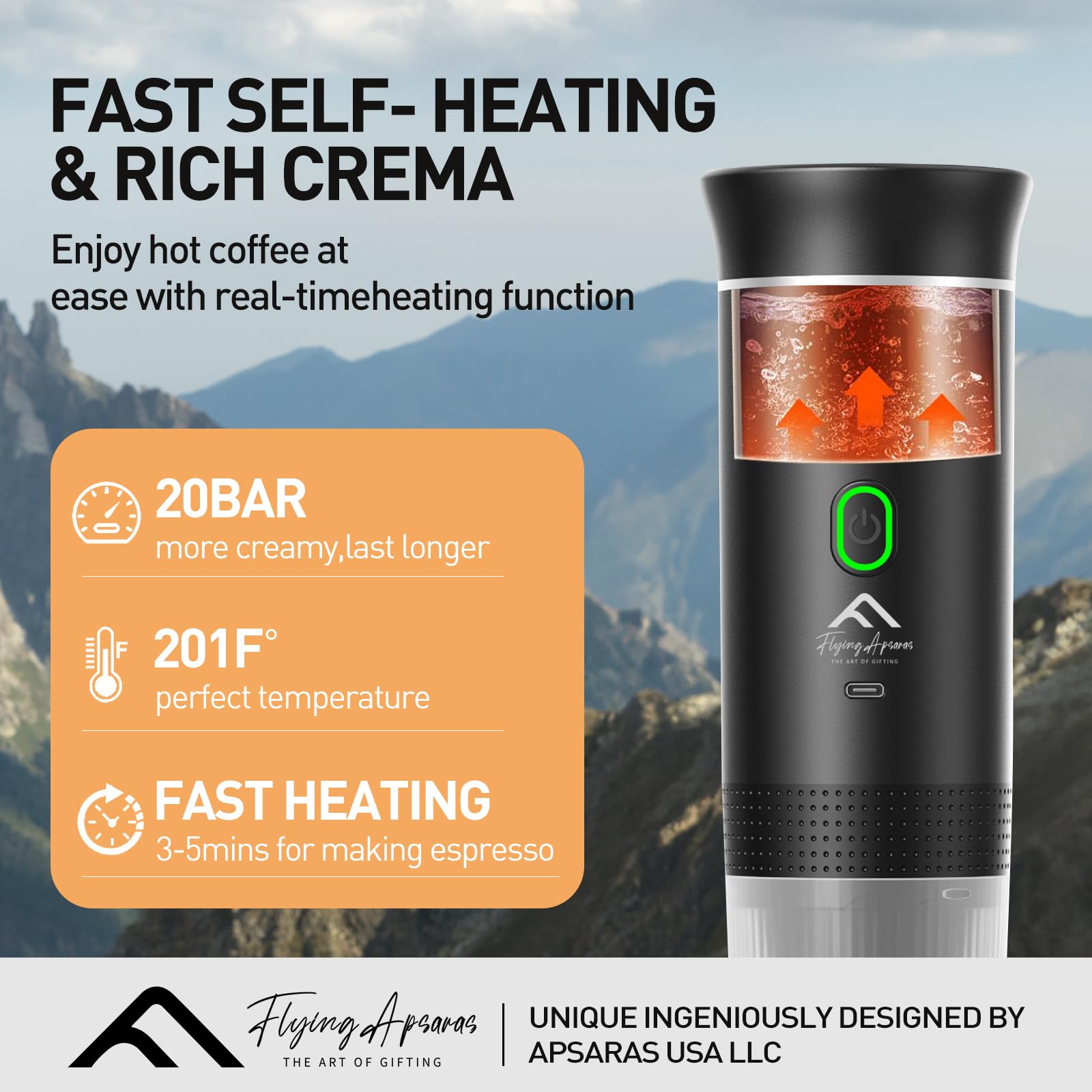 APSARAS USA - Cafetera portátil para viajes, cafetera espresso portátil, mini máquina de café espresso de 20 bares, cafetera de viaje 3 en 1 con café molido y cápsula (Ns&DG) para RV, camping, coche