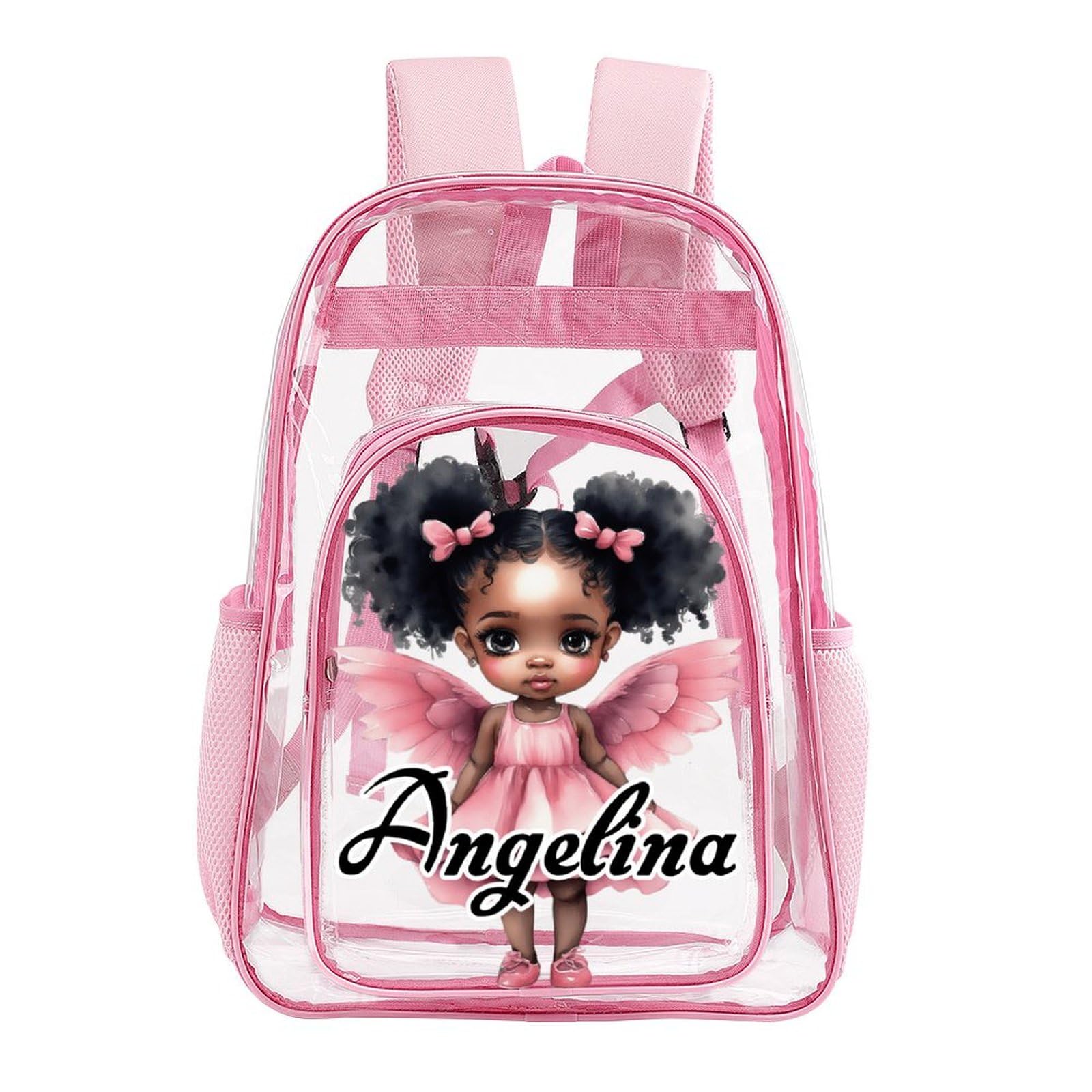 SHYESOP-ey Personalized American Wings Girl Clear Backpack PVC See Through Transparent Backpack for Girls Women with Name Reinforced Strap & Large