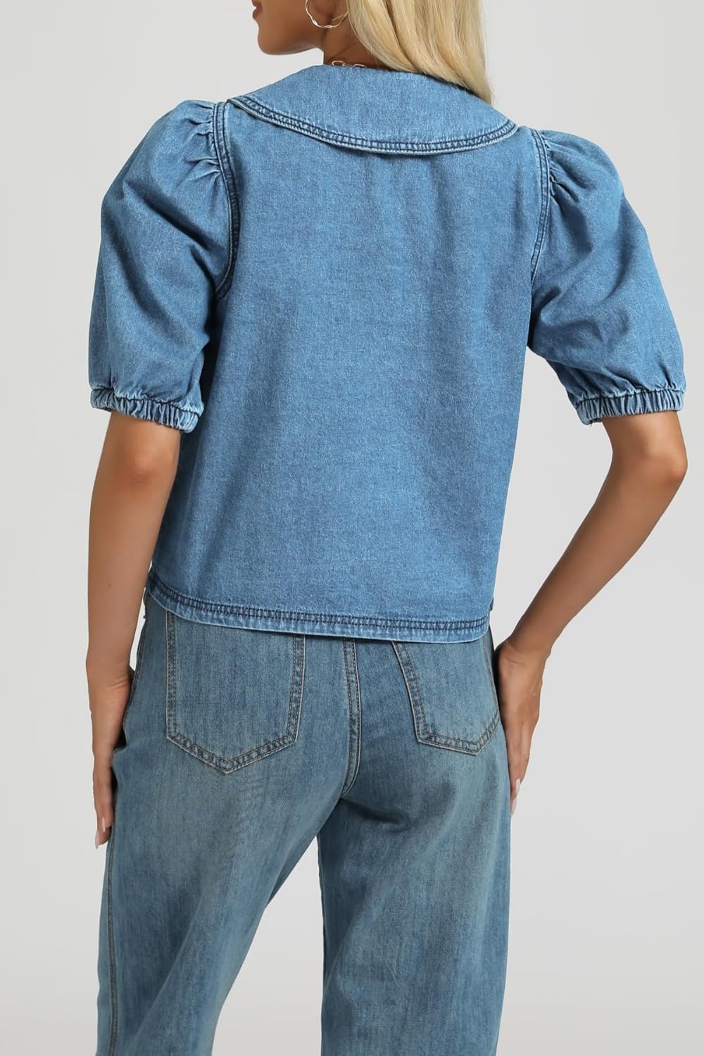 Womens Denim Shirts Button Down Collar Puff Short Sleeve Casual Lightweight Summer Jean Shirt Tops - Image 4