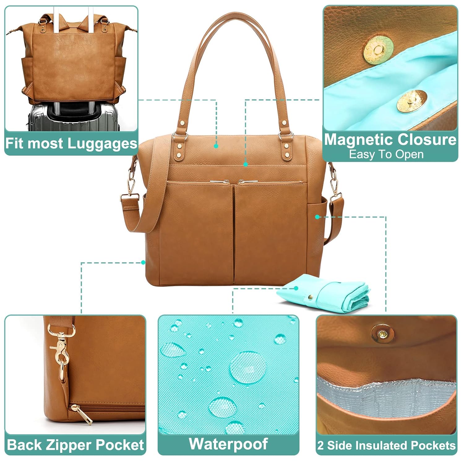 MOMINSIDE Diaper Bag Tote Leather Diaper Bag Backpack with 14 Pockets for Mom Dad, Baby Registry Search, Large Travel Baby Bag for Boys Girls with 4 Insulated Pockets, Changing Pad-Biscuit