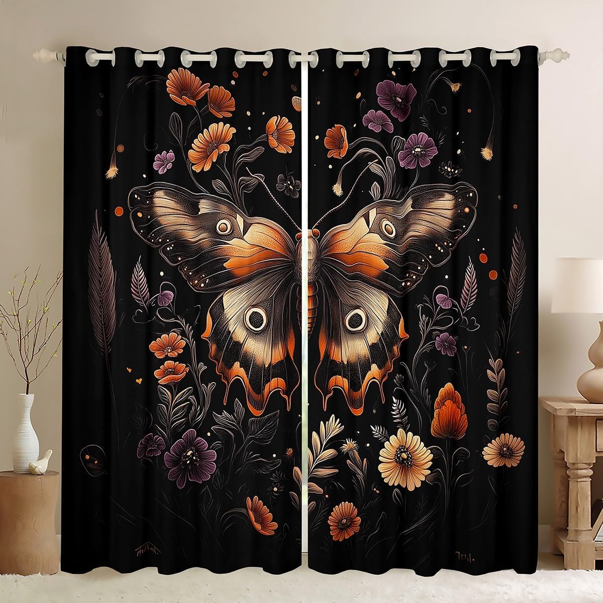 Erosebridal Fantasy Stars Curtains 42" Wx90 L, 2 Panels Bohemian Night Darkening Drapes Girls Botanical Woodland Tree Retro Art Dreamy Window Treatments Abstract Mysterious Aesthetic Blackout Shades