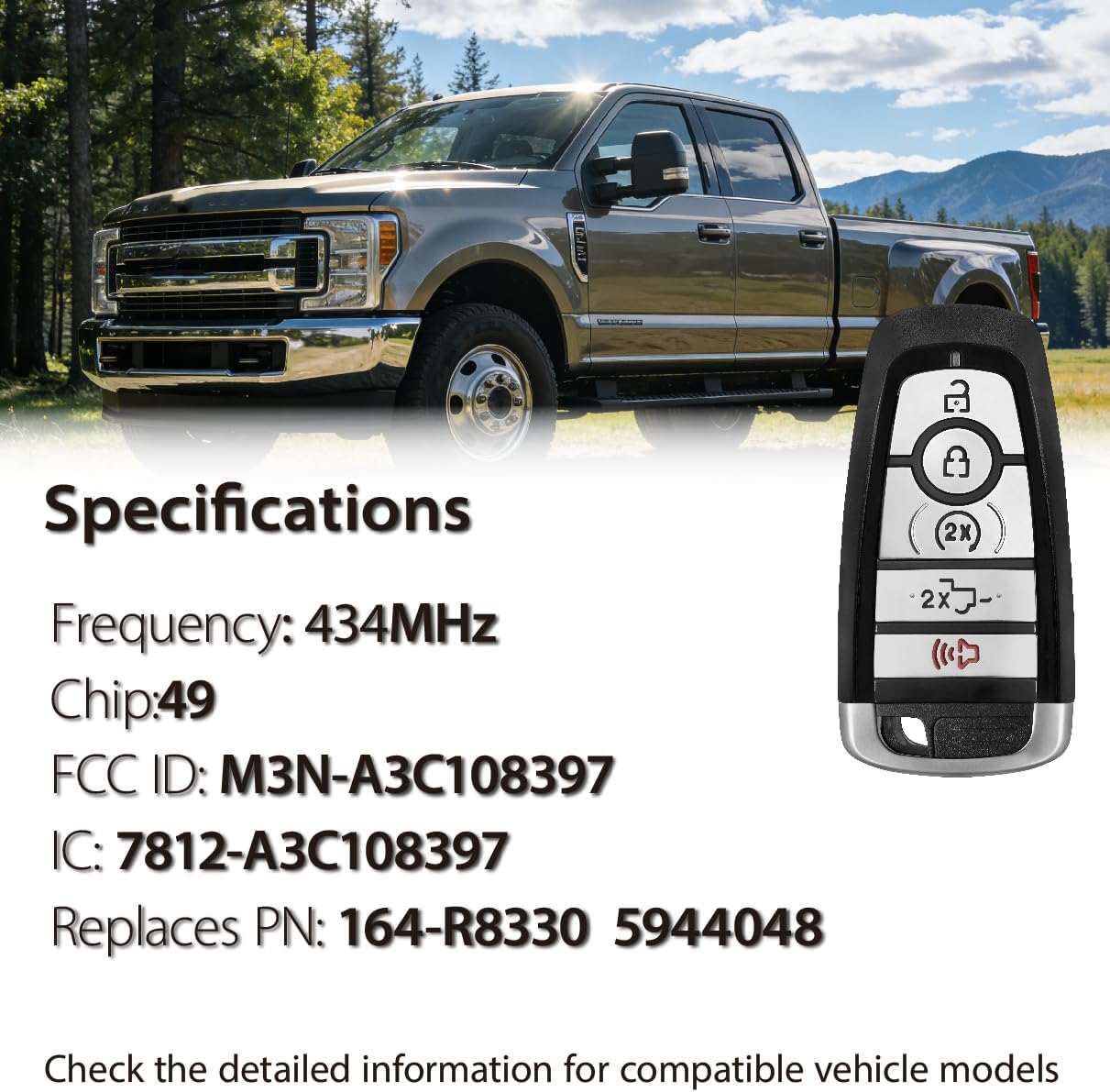 Key Fob Replacement for 2023 2024 Ford F-250 F-350 F-450 F-550 M3N-A3C108397 433MHz 5 Buttons