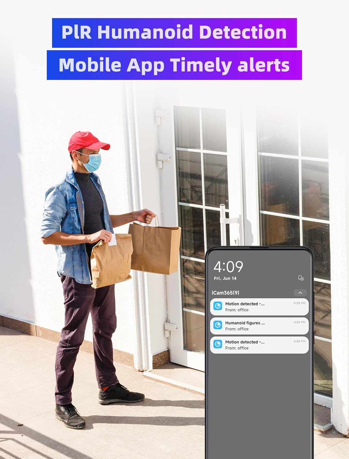 A person receiving a package, with mobile app alerts for PIR Humanoid Detection shown on a smartphone.