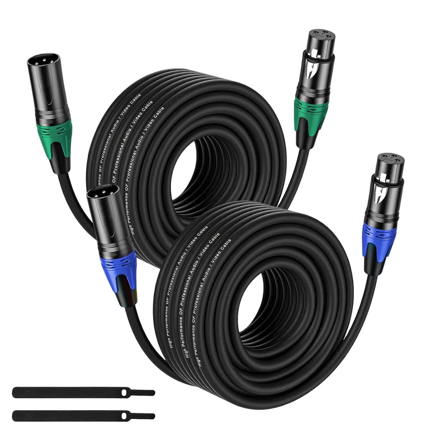 XLR Cable 50ft 2 Packs - Premium Balanced Microphone Cable with 3-Pin XLR Male to Female Mic Speaker Cable, Black with 2 Colors Tail (Bule and Green), Pure Copper and Plated Conductors