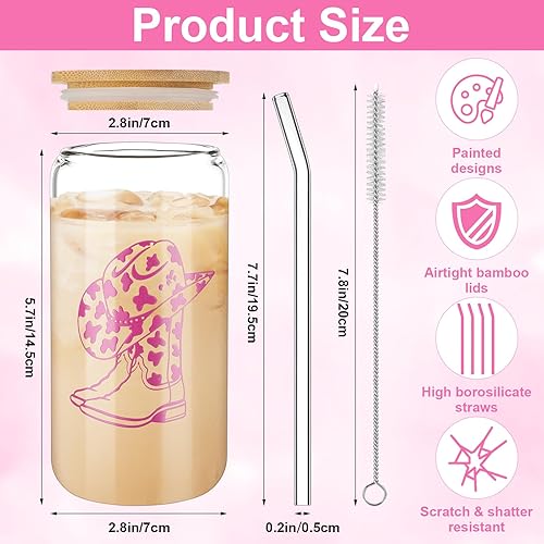 Miniatura 2 de Maxcheck 4 vasos de cerveza de vaquera occidental de 16 onzas, sombrero de vaquera para beber, taza de café helado con tapa de bambú, popote y