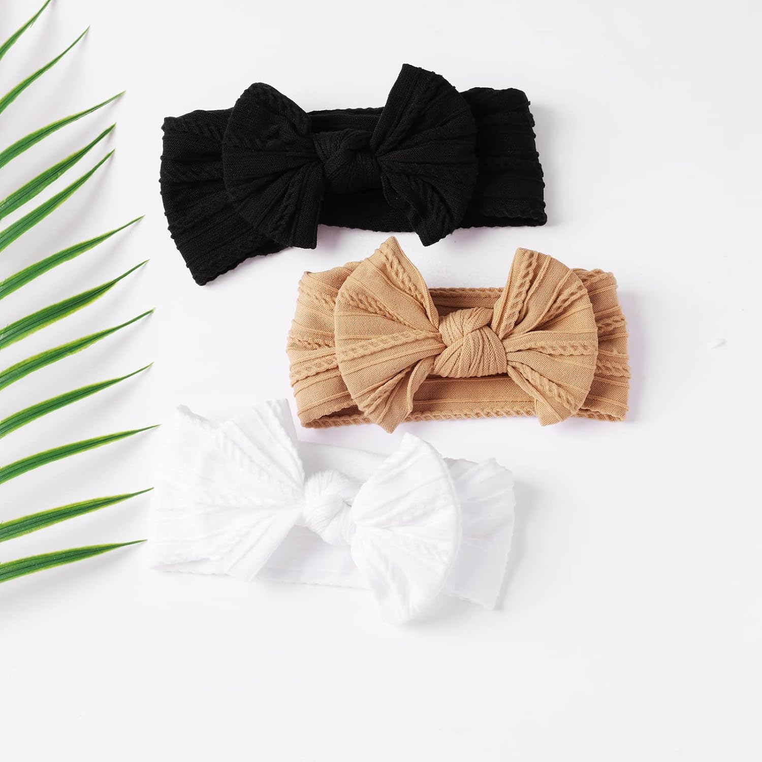 ANHAISHUILV 3 Pack Baby Knit Texture Nylon Headbands Hairbands Hair Bow Elastics Hair Accessories for Baby Girls Newborn Infant Toddlers Kids （White Black Khaki