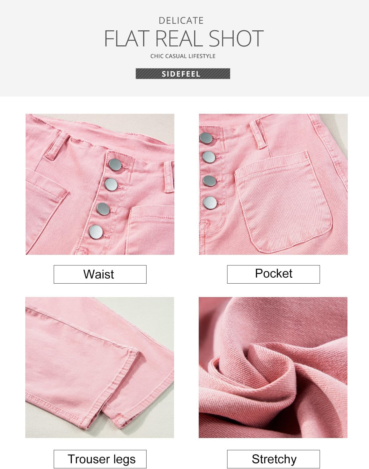 Sidefeel Women's Wide Leg Jeans High Waisted Straight Leg Jeans Buttoned Loose Stretchy Denim Pants with Pocket Peach Blossom Size 4 Long - Image 5