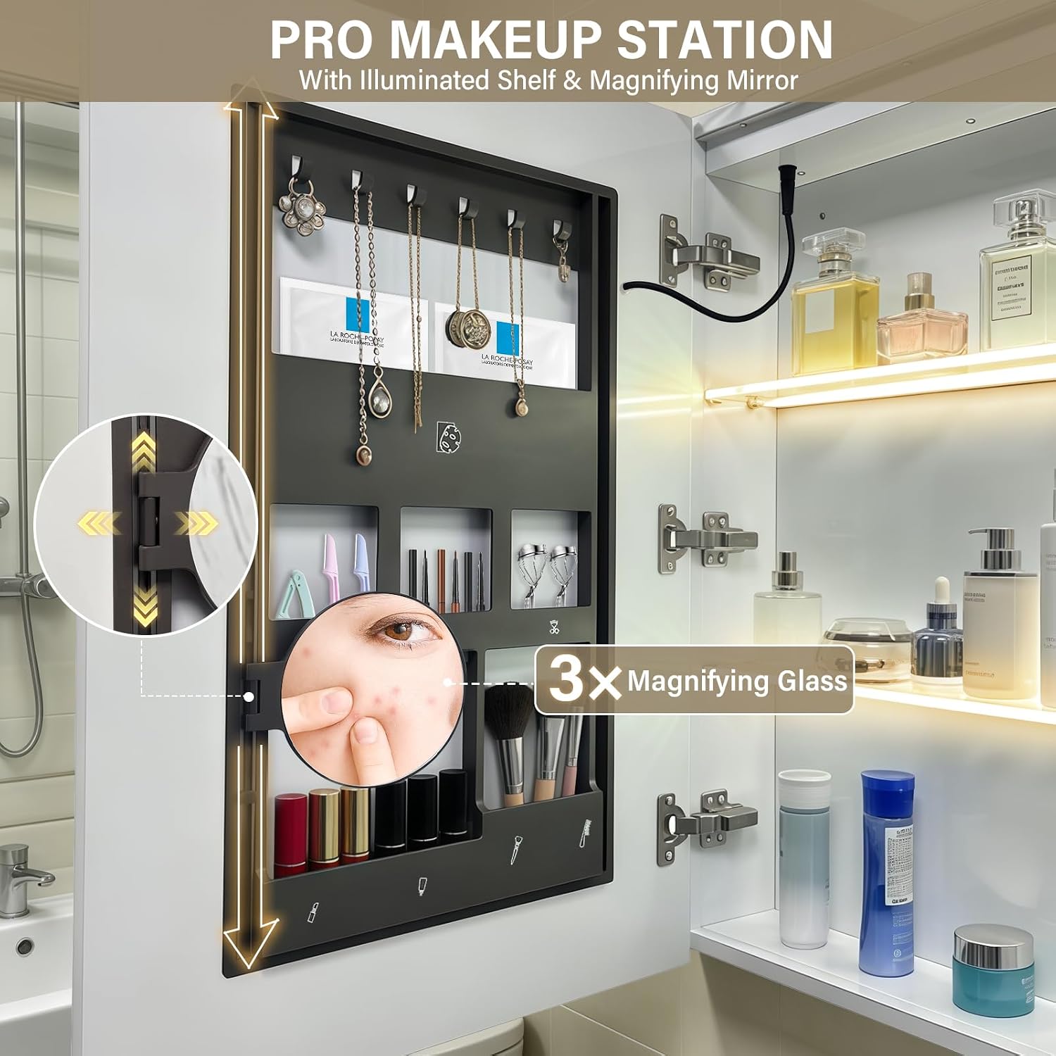 LED Medicine Cabinet with Light,Mirror Cabinet with Cosmetics Storage Rack,3X Magnifier Makeup Mirror,Lighting Glass Shelf,3 Colors&Dimmer,30×32inch,White image 4