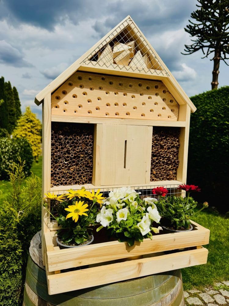 handgefertigtes Insektenhotel XL Wildbienen Nisthilfe I Insektenhaus mit Blumenkasten aus Holz und Standfuß 97 x 51 x 18 cm (HxBxT) I Wetterfest I Bienenhaus I Produziert in der EU