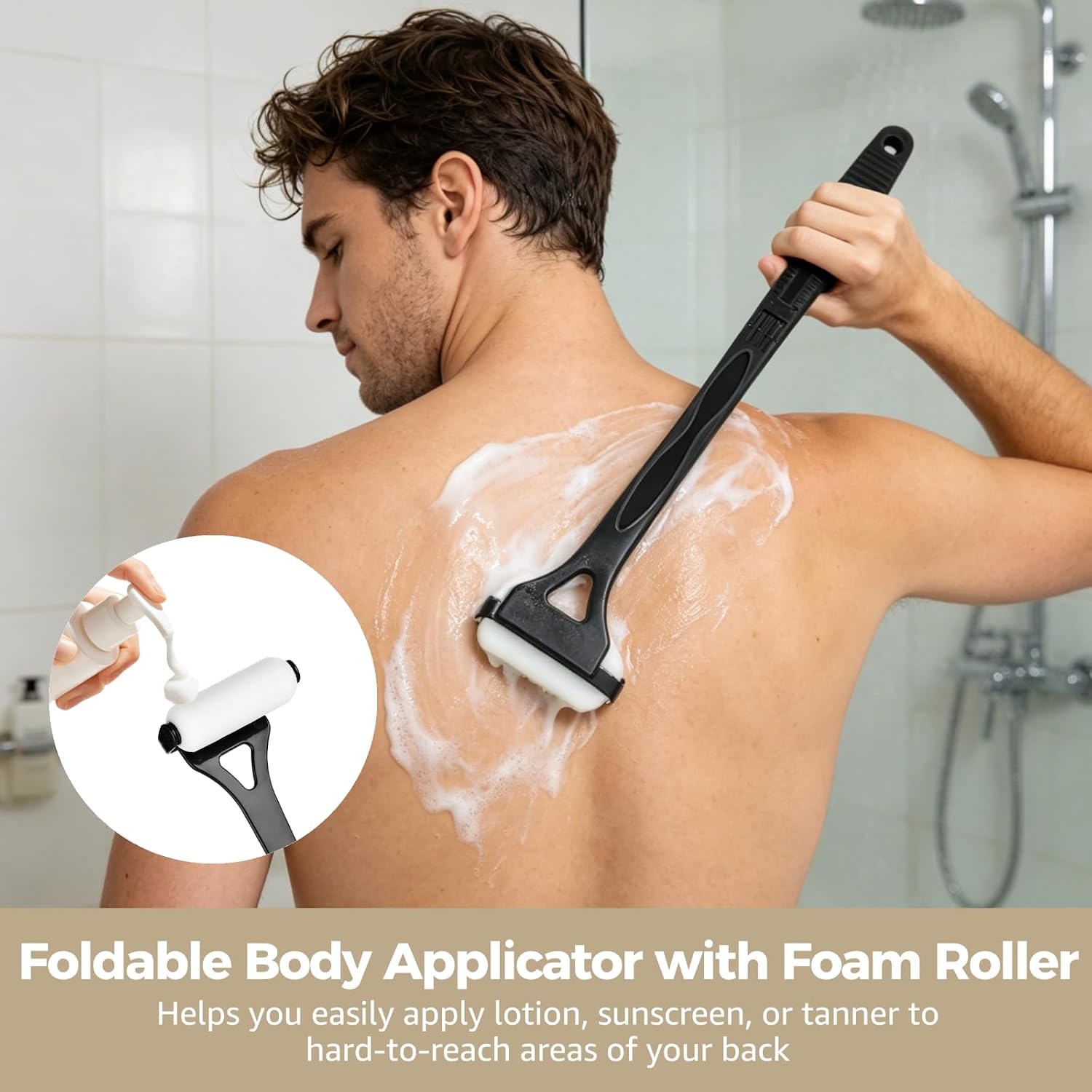 18.3 in Foldable Body Applicator, Soft Comfort Long Grip Tool with 3 Reusable Foam Rollers, Curved Portable Design for Sunscreen Cream Use on Limbs & Torso