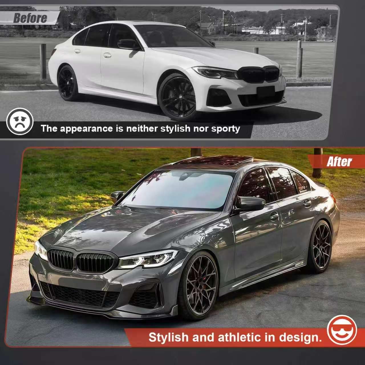 MP Style Front Bumper Lip for 2019-2022 BMW G20 3 Series 330i 330e M340i M Sport, Gloss Black ABS 3PCS Chin Spoiler Splitter Body Kit