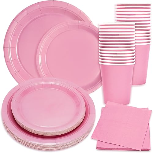 Whaline Juego de vajilla desechable de 100 piezas, color rosa claro, 50 platos de papel, 25 servilletas, 25 vasos para 25 invitados, boda,