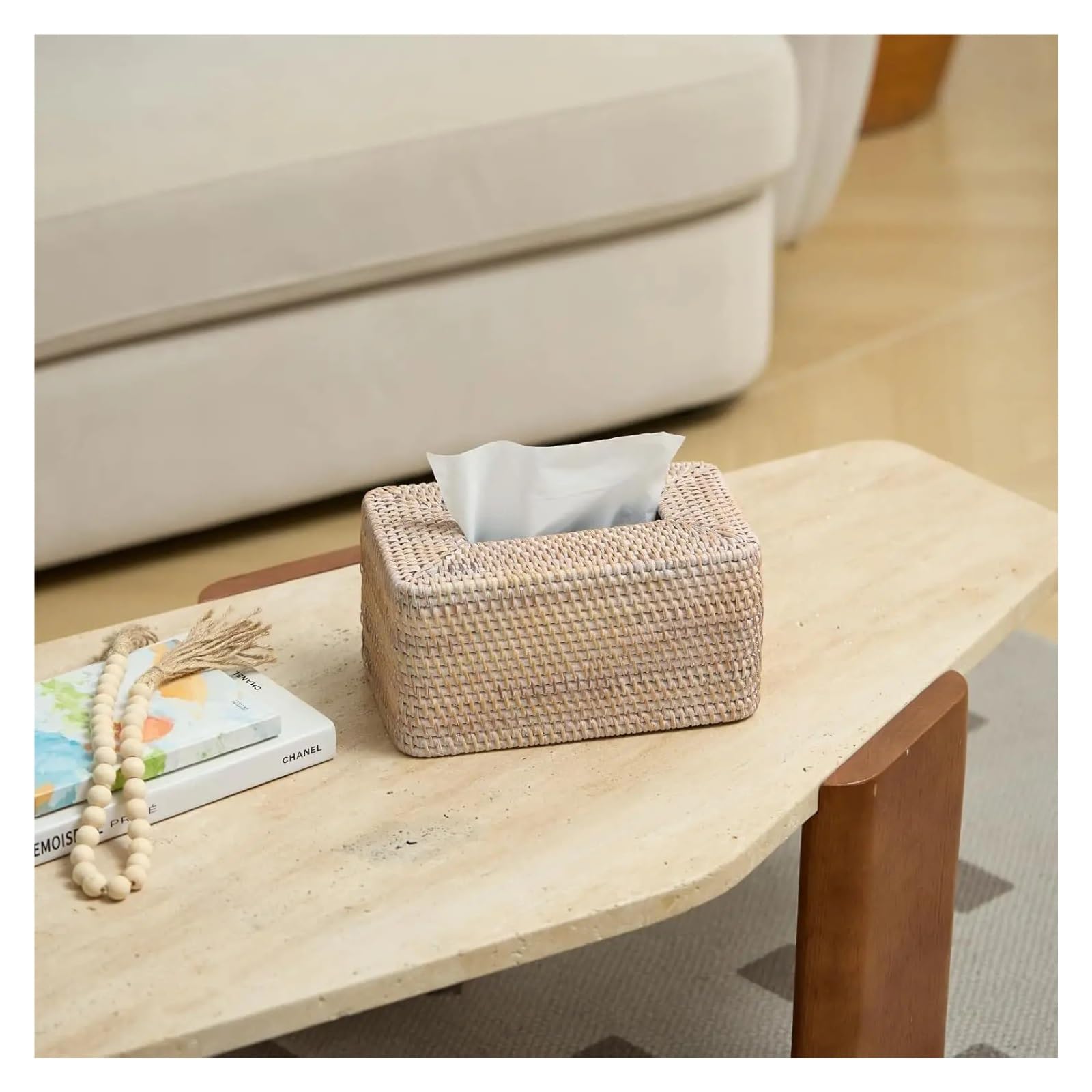 Scatola for fazzoletti di vimini rettangolare da 1 pz Per casa | Porta fazzoletti for il viso for soggiorno, bagno, cucina, camera da letto(Washed white)