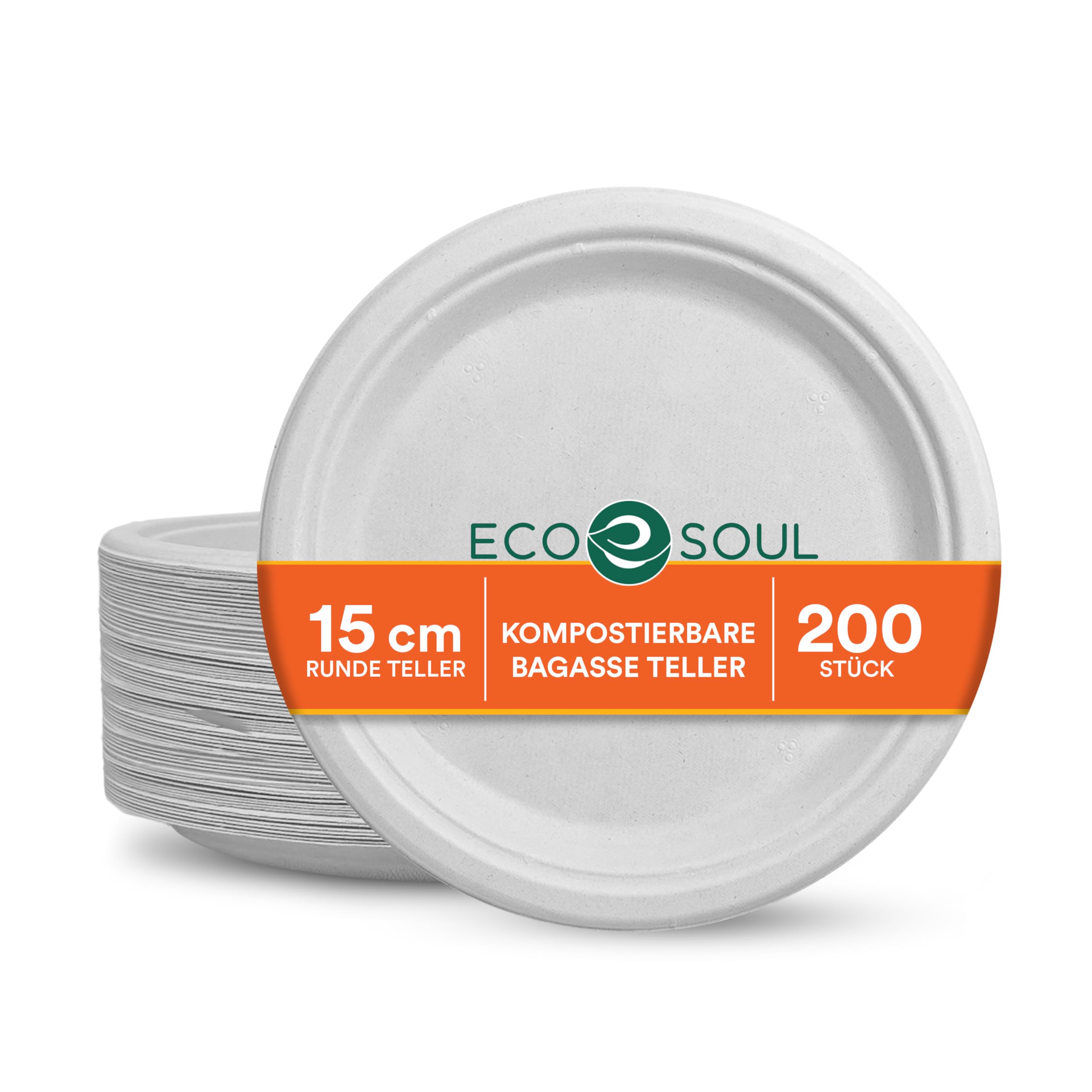 ECO SOUL Weiß 15 cm (6 Zoll) kompostierbare Teller (200 Stück) | 100% biologisch abbaubar | Einweg & umweltfreundlich | Robuste Teller aus Zuckerrohr | Ideal für Vorspeisen, Snacks & To-go