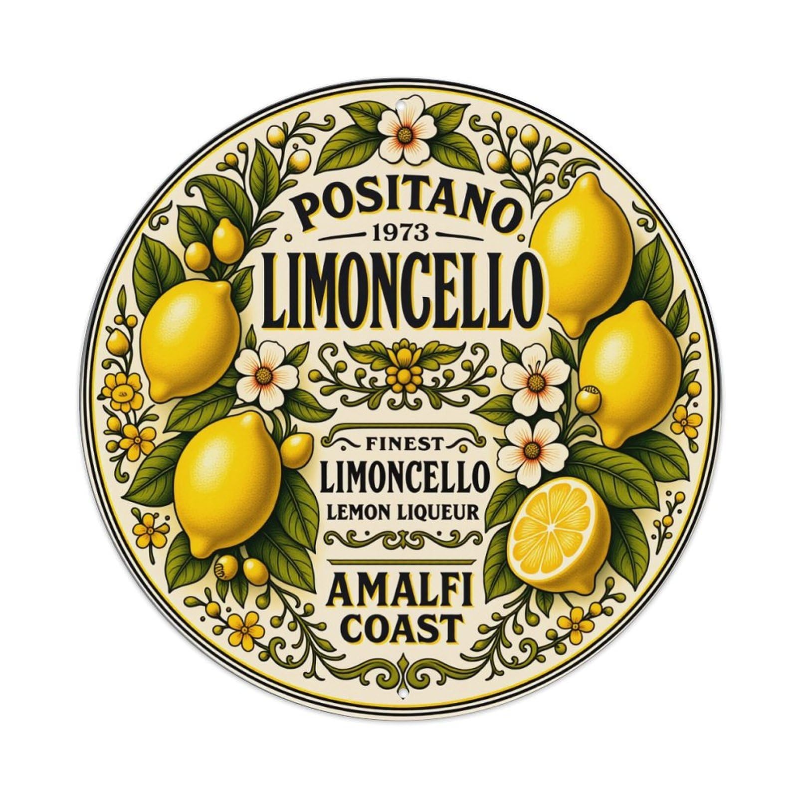 Wmlzdnwr Vintage Lemon Flowers Leaves Vines Decorative Pattern Round Tin Sign,Retro Wall Art,Metal Poster For Home, Bar, Garage, Cafe, Rustic Indoor & Outdoor Decor, 8X8 Inches