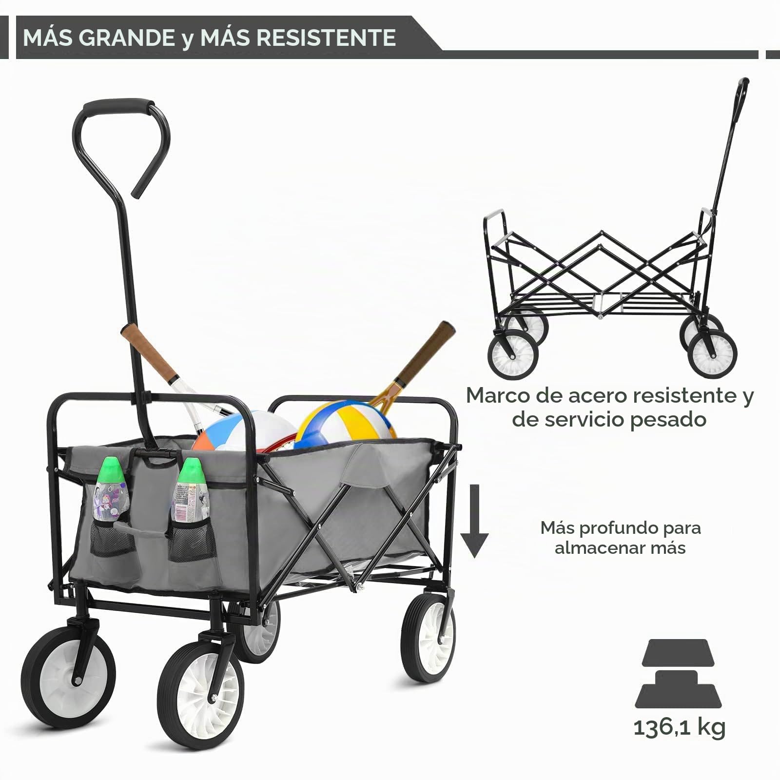Carro Plegable para Jardín y Playa Todo Terreno | Carrito de Transporte de Gran Capacidad 98L (Carga Máxima 80 kg) | Vagoneta para Camping, Compra y Exterior con Bolsillos Laterales, Gris