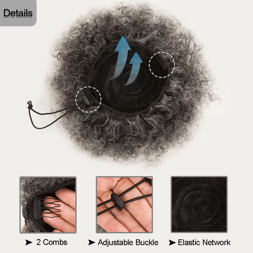 MOONSHOW Ombre Grey Afro Puff Drawstring Ponytail Natural Kinky Curly Ponytail Hair Extension for Black Women African American short Kinky Ponytail Drawstring(Ombre Grey) | Salt and Pepper Wigs Afro Ponytail Extension for Black Women African American Ombre Grey short Kinky Ponytail Drawstring