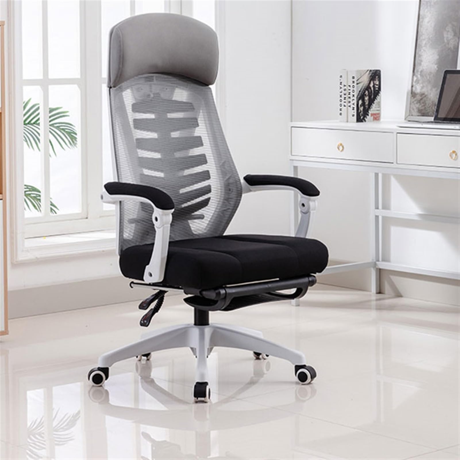 Ergonomiczne krzesło biurowe, obrotowe oparcie z siatki, z zagłówkiem i podłokietnikami, wygodne krzesło z regulacją wysokości, z podnóżkiem