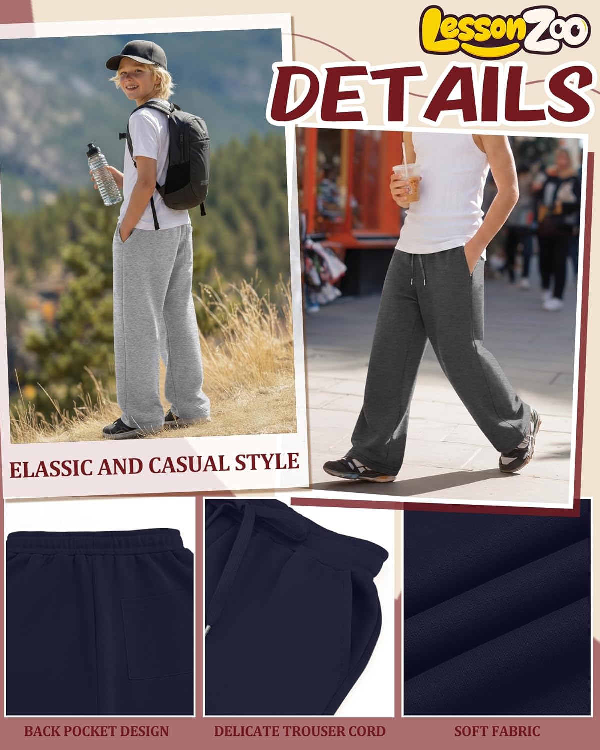 4 Pack Boys Sweatpants Kids Straight Wide Leg Baggy Athletic Pants Drawstring Open Bottom Joggers with Pockets