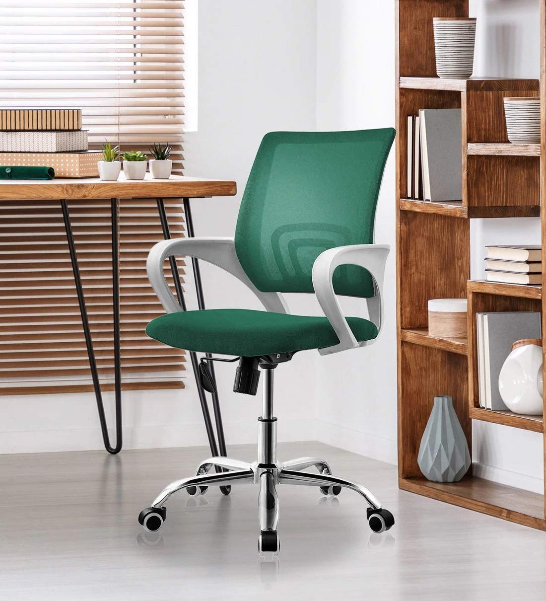 Bhumika Overseas® Low Back Royal Ergonomic White Body Computer Office Study Desk Executive Mesh Fabric Chair with Wheels in Dark Green Color 1