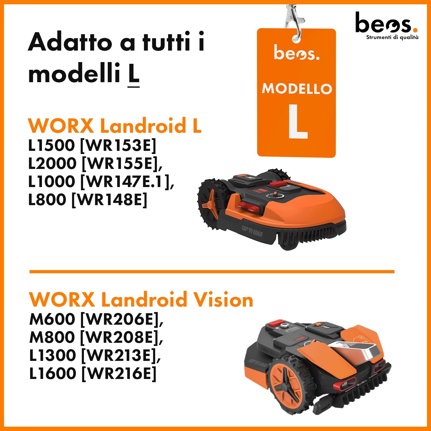 BEOS® Puntali in Acciaio Inox di qualità per Worx Landroid L & Vision, lucidati, Fori per Viti Svasate, 12 Viti in Acciaio Inox, trazione migliorata del rasaerba robotizzato, Dimensione Ruota: 225 mm