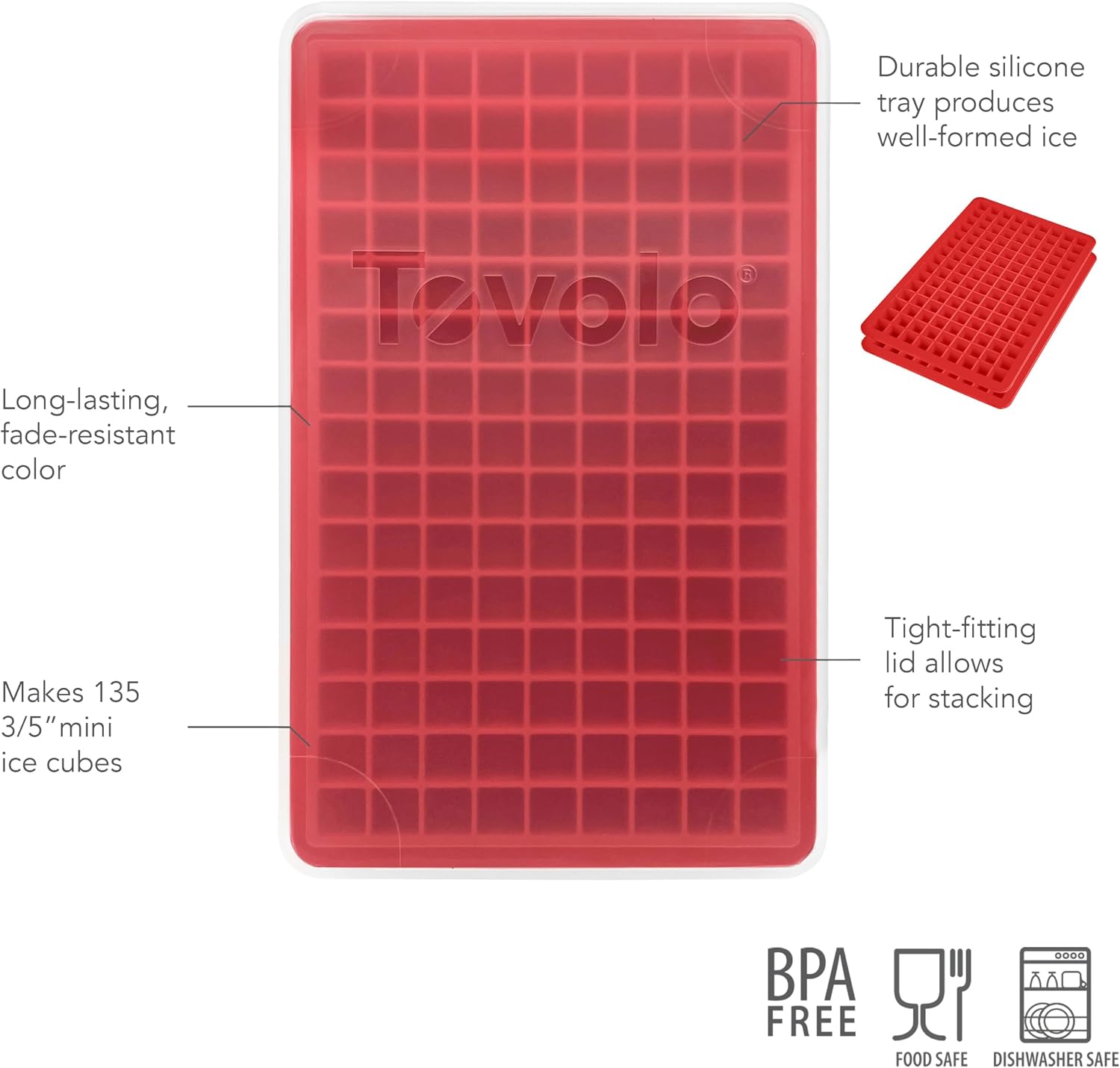 Tovolo Mini Ice Cube Tray with Lid Pack of 2 Small Ice Maker for Freezer, Silicone Mini Ice Cube Trays Small Square Nugget Ice Makes 270 Tiny Cubes BPA Free Stackable Dishwasher Safe, Candy Apple Red