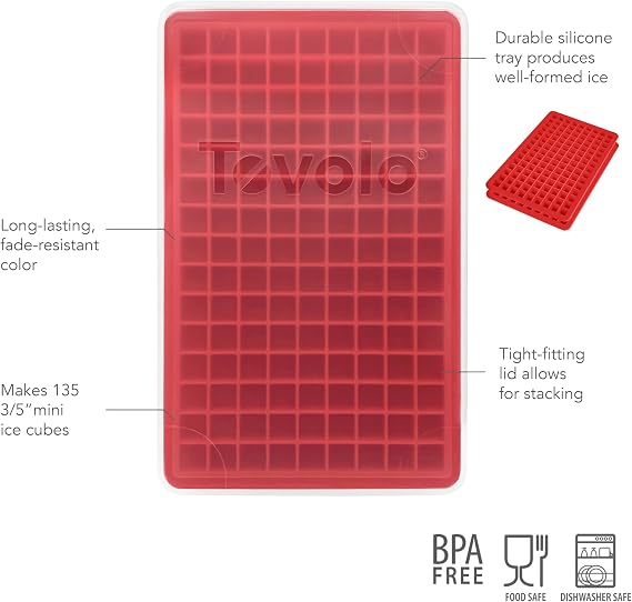 Tovolo Mini Ice Cube Tray with Lid Pack of 2 Small Ice Maker for Freezer, Silicone Mini Ice Cube Trays Small Square Nugget Ice Makes 270 Tiny Cubes BPA Free Stackable Dishwasher Safe, Candy Apple Red