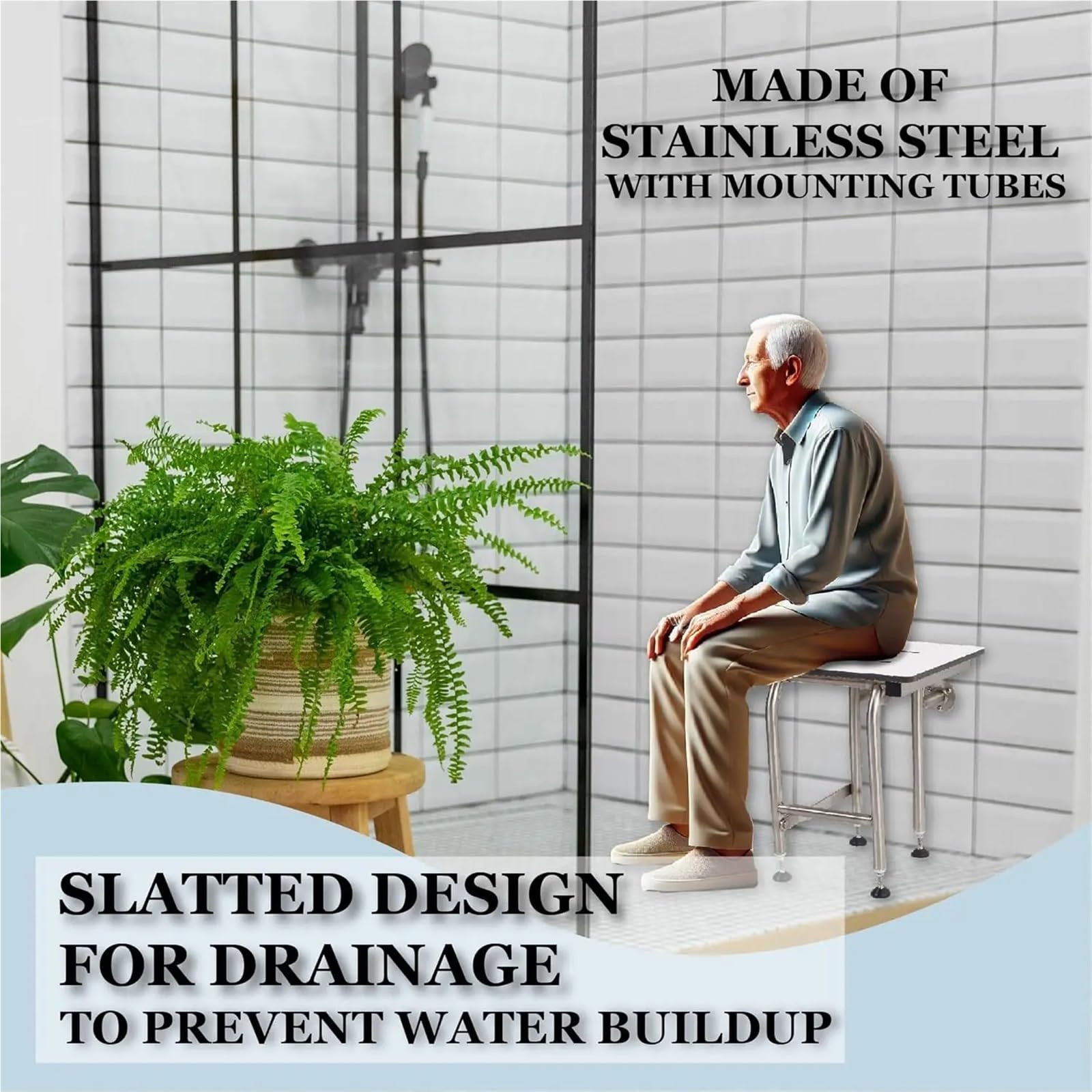 Asiento de Ducha Plegable Montado en la Pared Patas Acero Inoxidable a Derecha para Personas Mayores