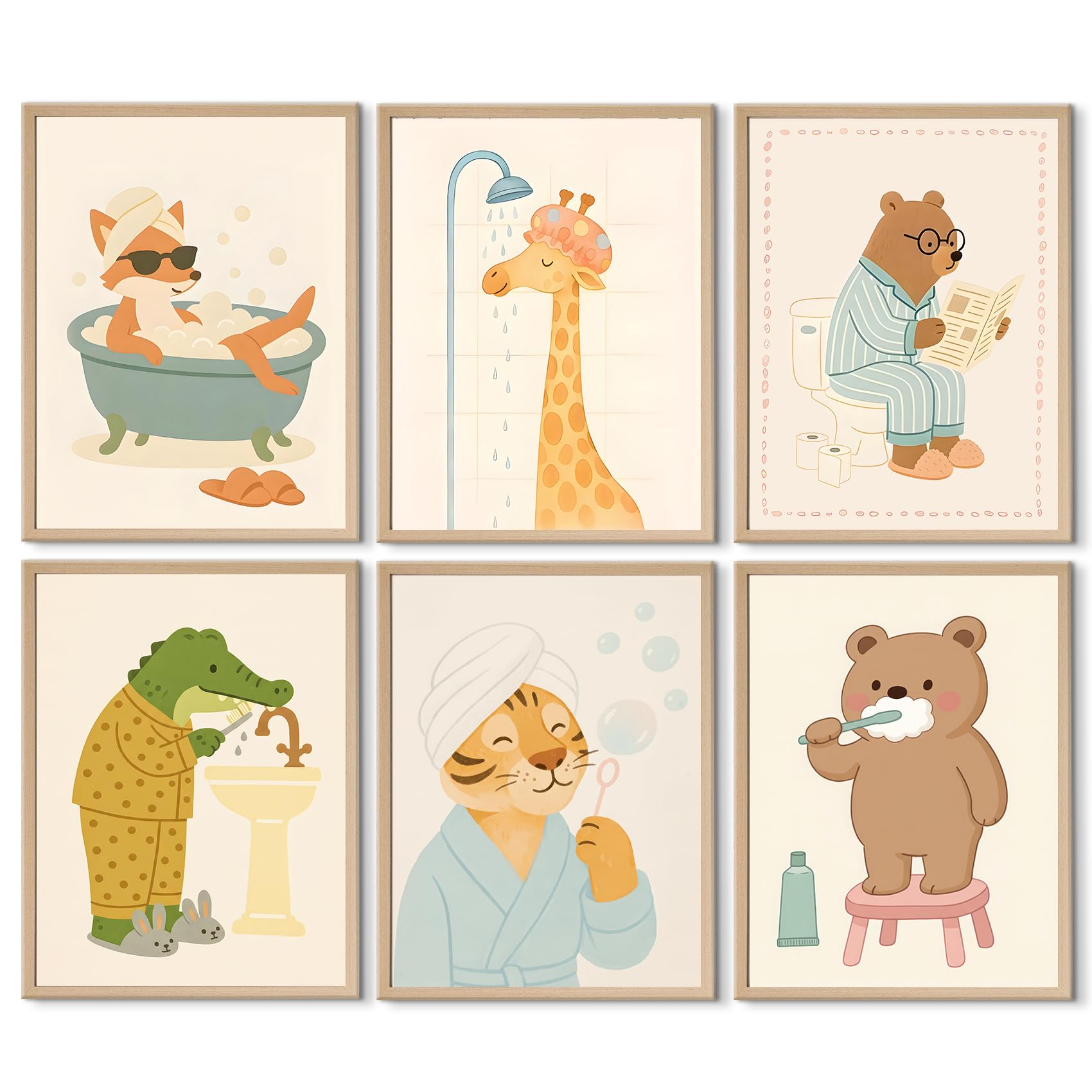 ZCIRDYVV 6 Pcs Kids Bathroom Wall Art Cute Animal Toilet Wall Decor Toddler Boys Girls Washroom Canvas Prints Fox Giraffe Bear Bathroom Painting