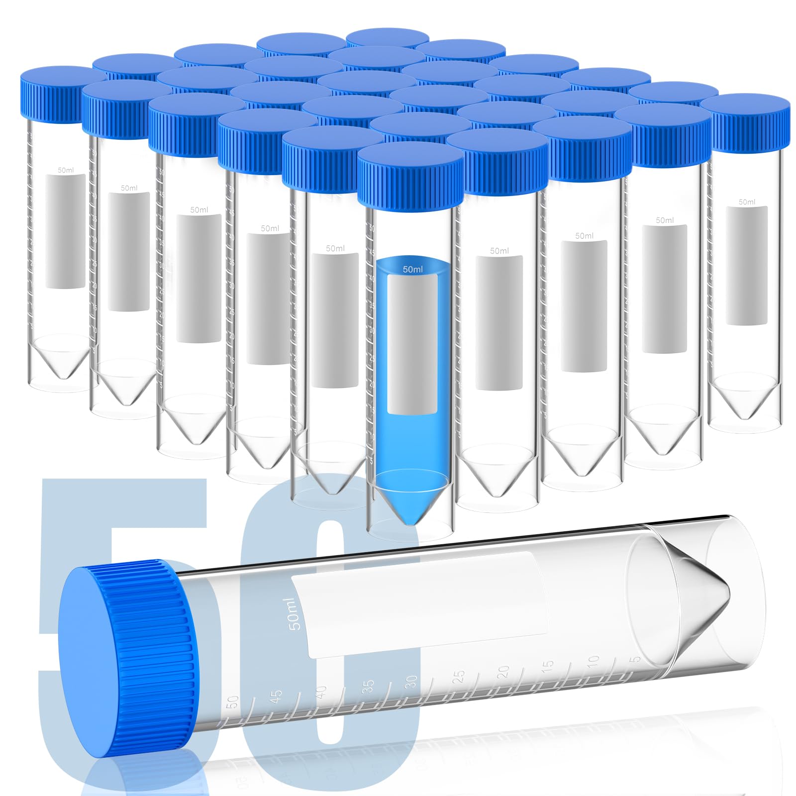 Paquete de 50 tubos centrífugos de 50 ml con tapa de rosca, tubo de ensayo cónico de plástico autónomo, con marcas graduadas y área de escritura, no pirogénicos, sin DN/RNasa para laboratorio
