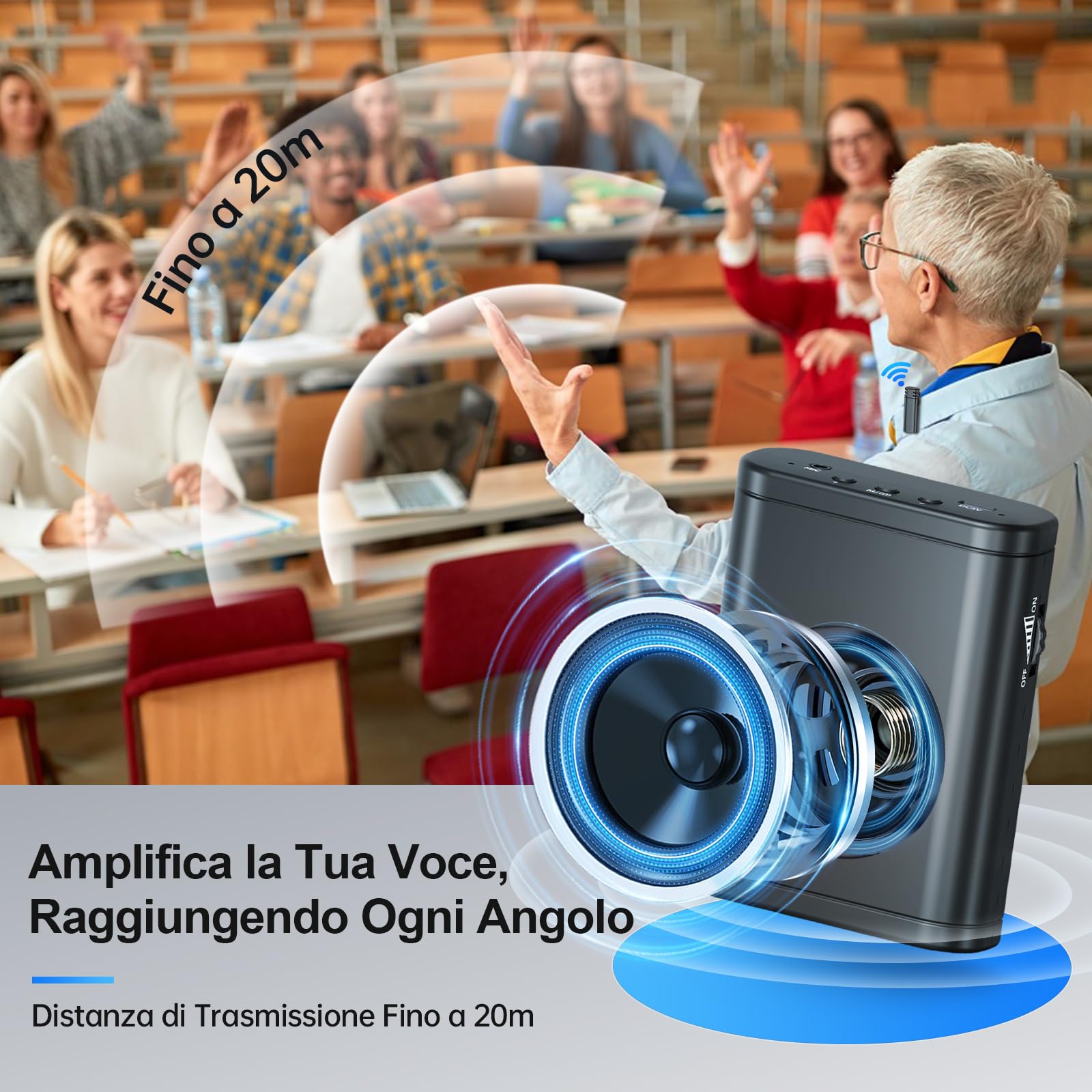 Moman Amplificatore Vocale con Microfono Lavalier Wireless, Altoparlante Portatile a Bassa Latenza Senza Effetto Larsen, Sistema PA Personale per Insegnanti, Aule, Yoga, Guida