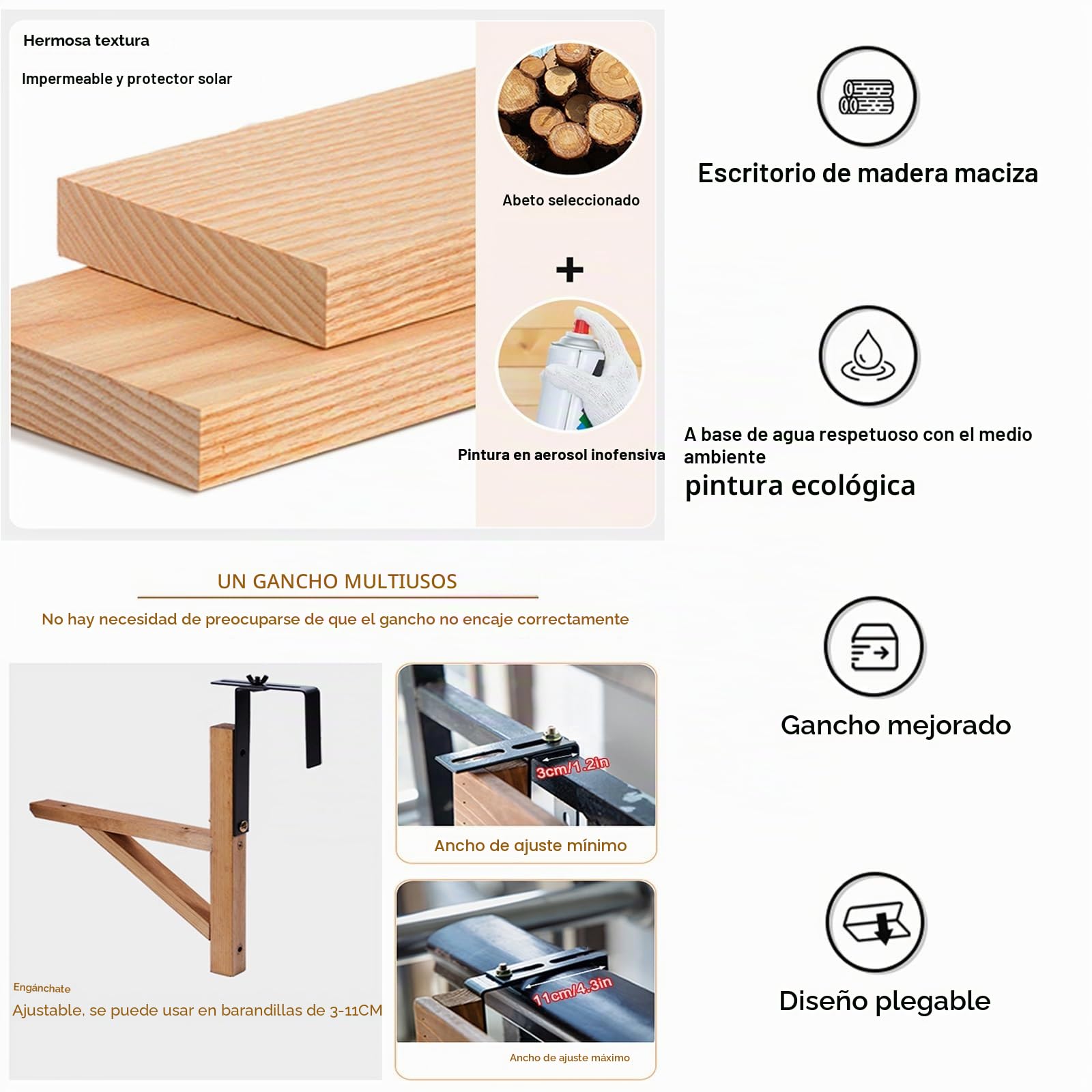 Mesa barandilla balcon，mesa plegable balcon colgante，mesa plegable madera，barra de bar exterior jardin，Terraza Patio Porche Barandilla Decoración，Mesa Colgante para Balcón(B-L90*W20CM/L35.4*W7.9IN)