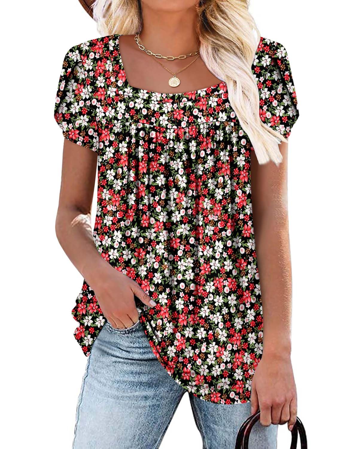 onlypuff Womens Short Sleeve Tunic Tops Blouse for Leggings Loose Fit Summer Square Neck Shirts S-3XL