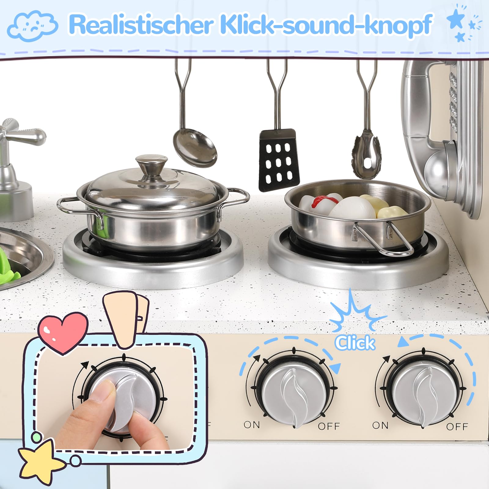 Cucina Legno per Bambini, Cucina Giocattolo per Bambini, Cucina per Bambini in Legno 81x74x30 cm, con Effetti Simulati di Luce e Suono, Dotata di Accessori da Cucina, Blu