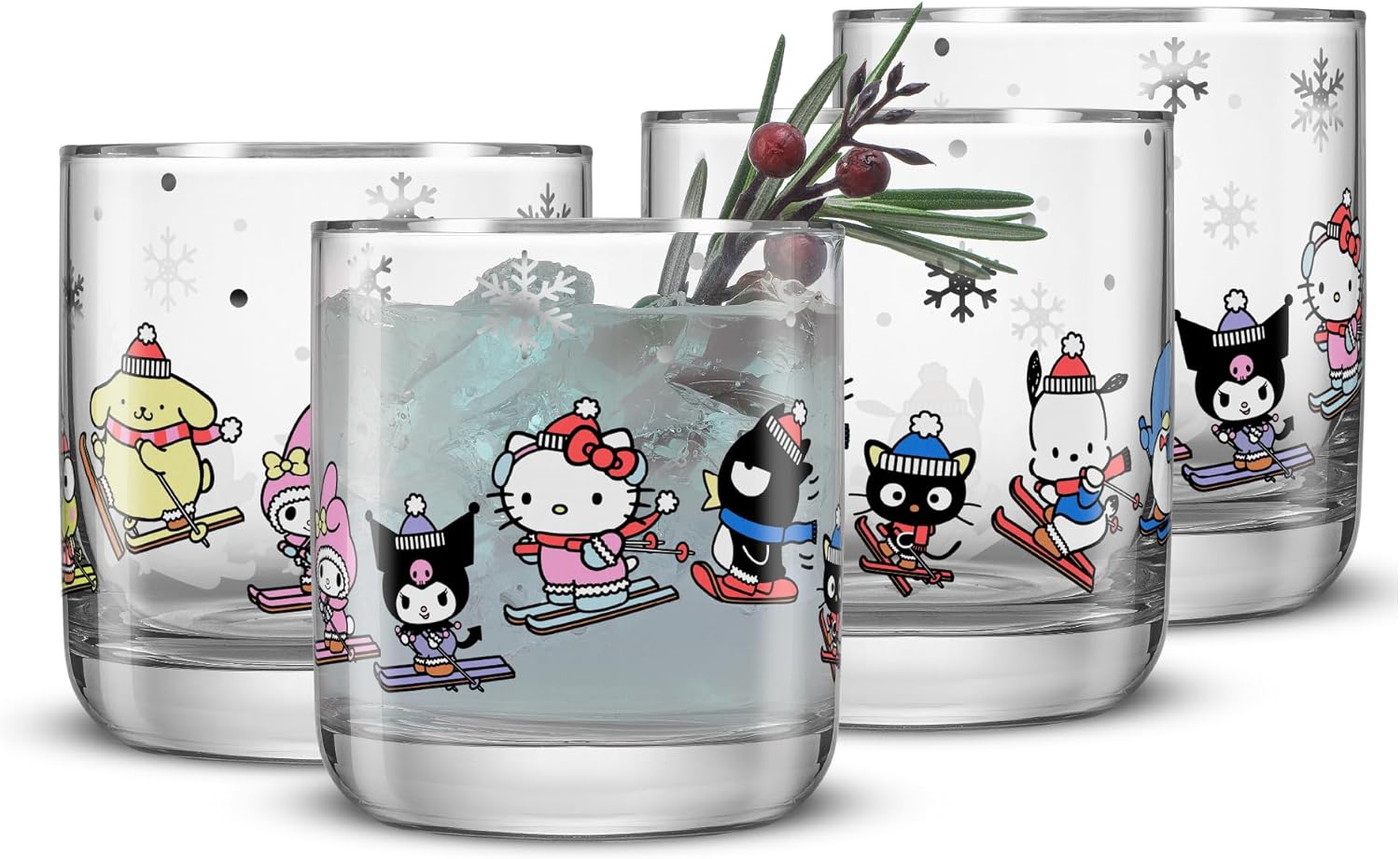 JoyJolt Hello Kitty and Friends Winter Wonderland Short Glasses, Drinking Glasses Set of 4, 10oz Lowball Glass Tumblers, Kawaii Sanrio Hello Kitty Glassware Drinkware Set