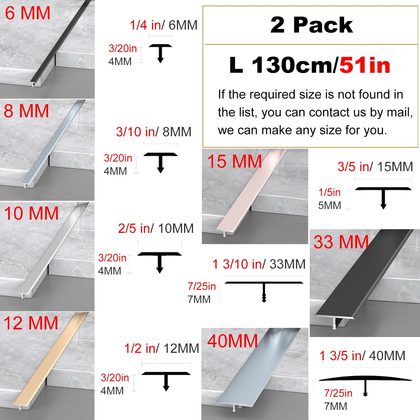 Extra schmaler Aluminium-T-Moldungsstreifen, 129,5 cm, 2 Stück, Bodenverkleidung für Türschwellen, Vinyl- und Fliesennähte, grau, 12 mm Lückenabdeckung, langlebig und stilvoll