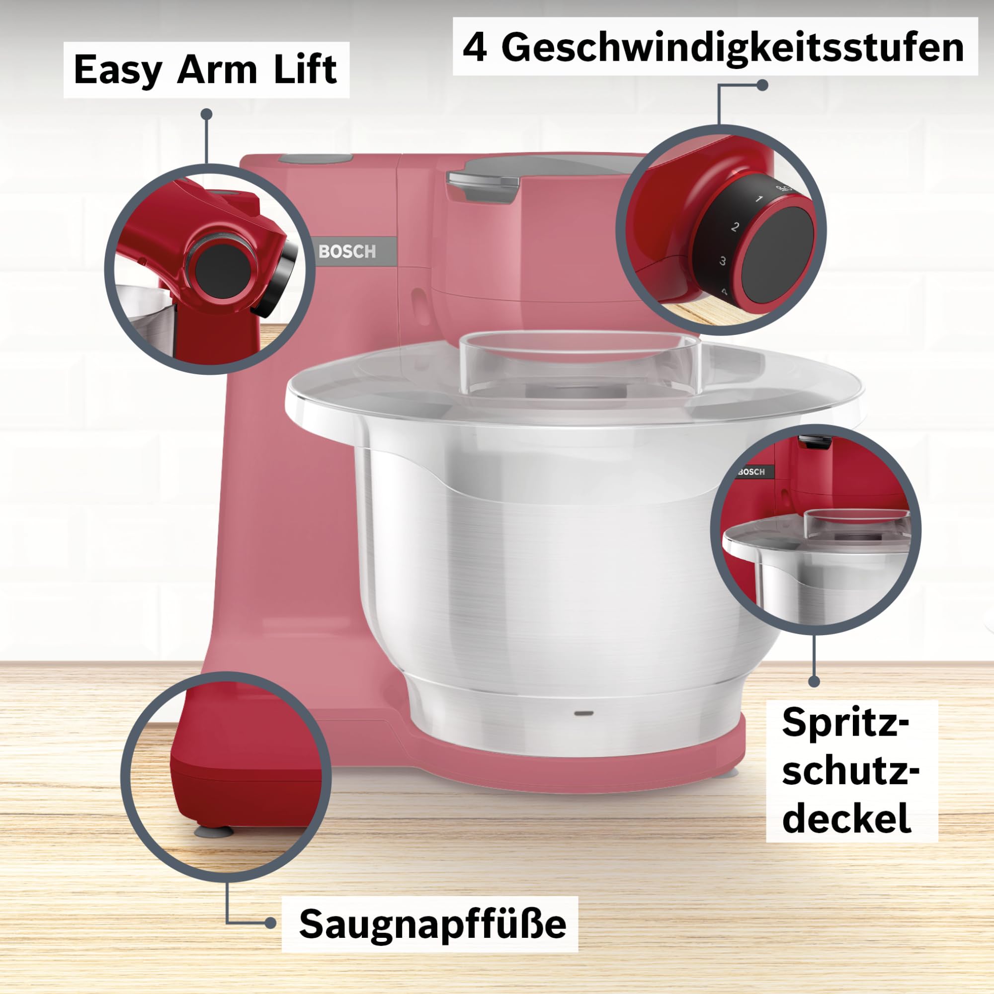 Bosch Küchenmaschine Serie 2, kleine Küchenmaschine, Edelstahl-Schüssel 3,8 L, Knethaken, Schlag-, Rührbesen Edelstahl, Durchlaufschnitzler, 3 Scheiben, 700 W, rot, MUMS2ER01