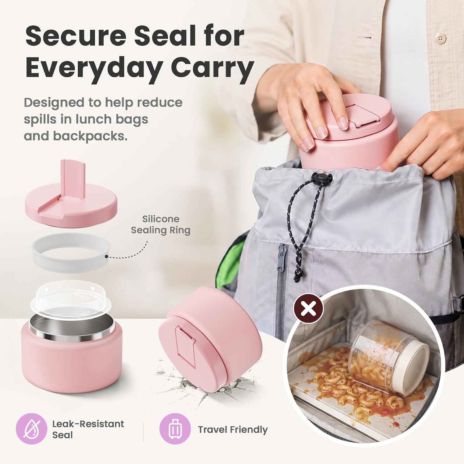 BOSEDSANG 13.5oz Soup Thermo for Hot Food Kids with Buckle Lid Insulated Vacuum Food Jar Wide Mouth Leakproof Stainless Steel Lunch Container- Pink