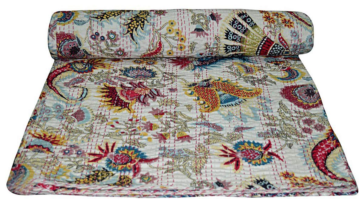 Marusthali block print patch work kantha quilt, hand kantha blanket bedspread, patch kantha throw, kantha rallies indian quilt size 90 x 108 inches