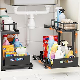 Under Sink Organizer, Heavy Duty Metal Pull Out Cabinet Organizer Slide Out Sink Shelf Organizer Height Adjustable, Multi-Purpose Storage Shelf for Kitchen Bathroom(Black,2Pack)