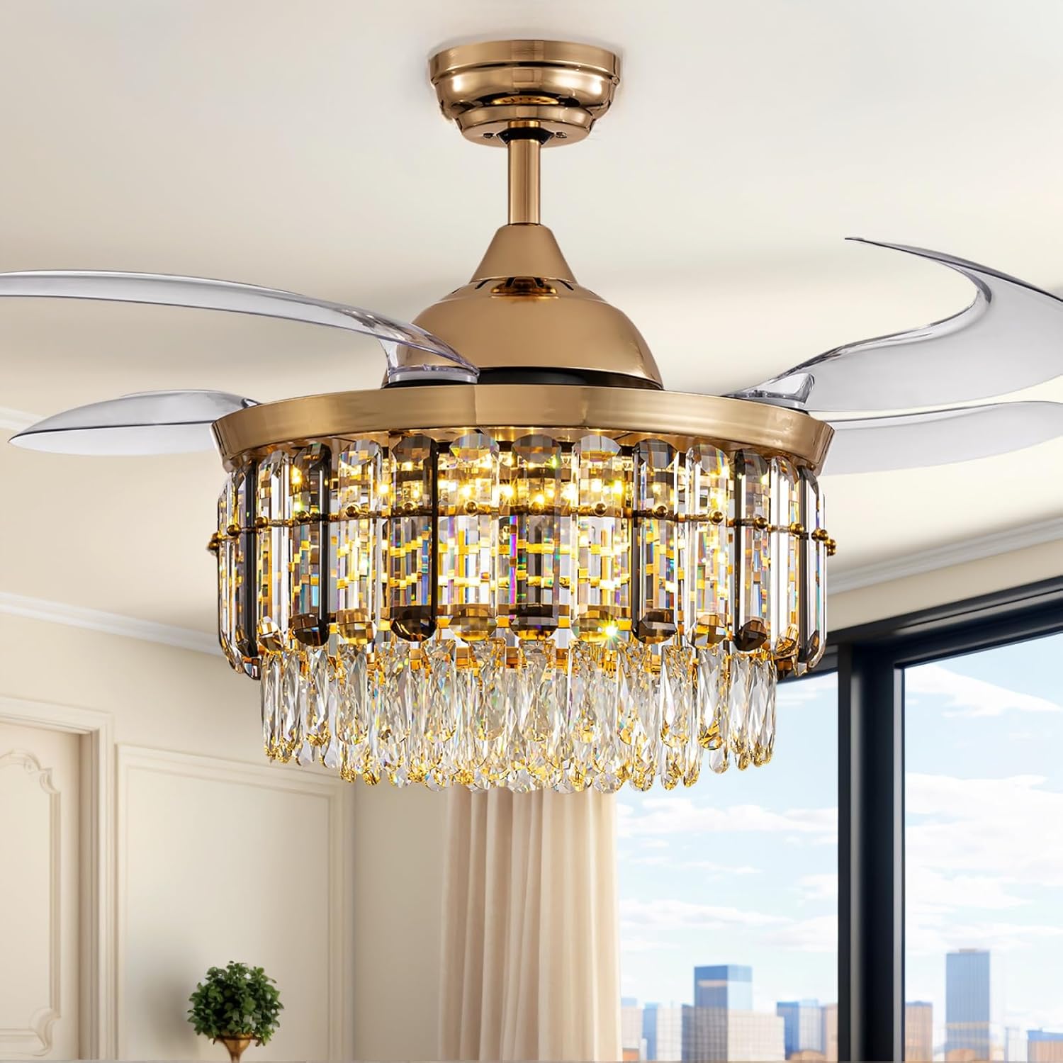 Siljoy 48 Inch Crystal Ceiling Fan with Light, Retractable Ceiling Fan with Lights Chandelier Fan, 6 Speeds, Dimmable Rose Gold Crystal Fandelier for Bedroom, Living Room, Dining Room