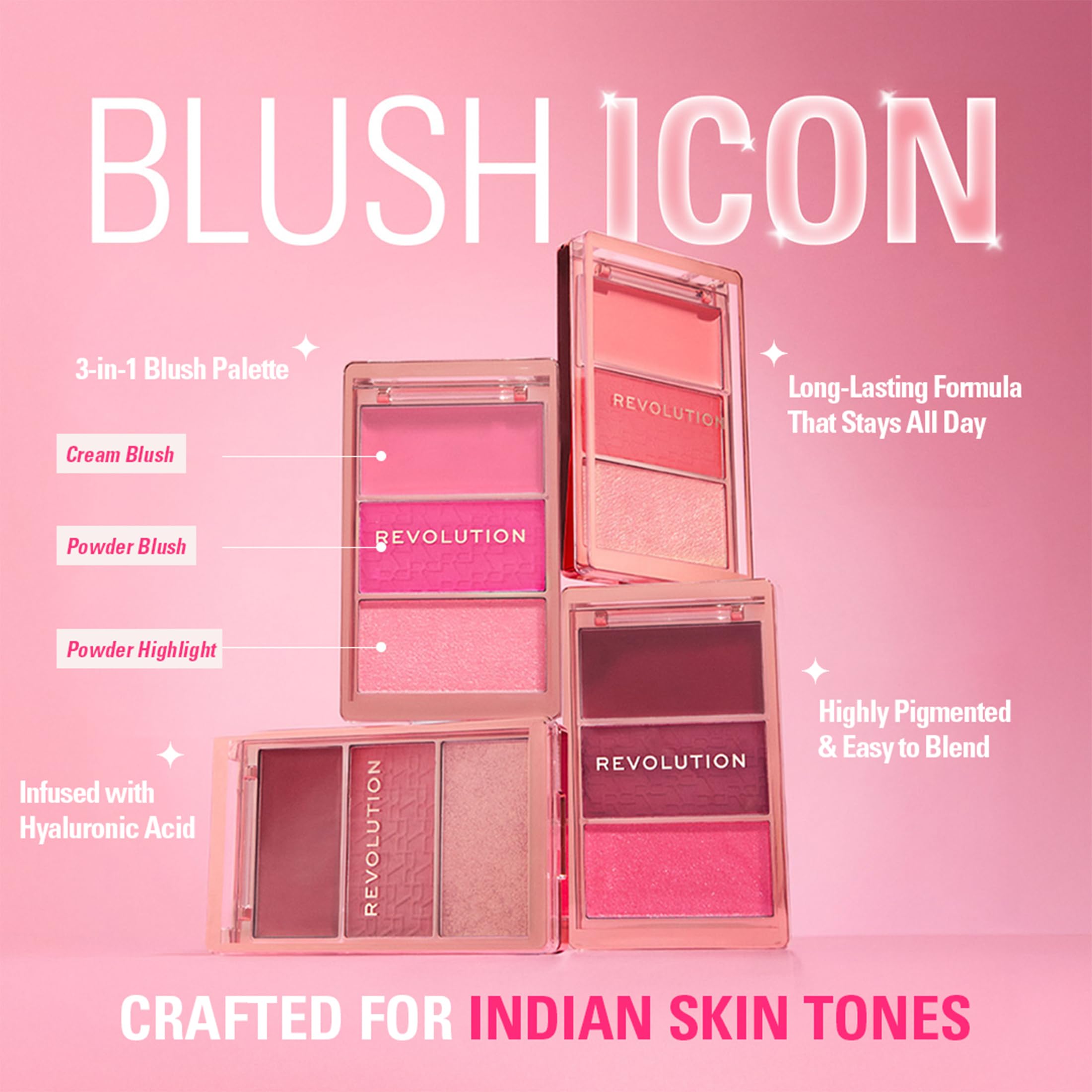 Revolution Palette Blush Icon, kremowy i tłoczony puder, silnie pigmentowany, paleta twarzy, wegańska i nieokrutna na zwierzętach, 3 kolory, Authentic Peach