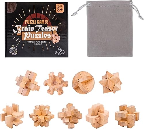 VolksRose Juego de 9 rompecabezas de madera para el cerebro, juego de rompecabezas IQ Challenge, caja de rompecabezas de mente lógica, juguete de