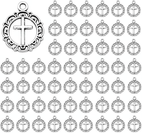 50 unids aleación de zinc antiguo plata cruz encanto para bricolaje joyería fabricación hallazgos 0.630x0.787 in, Zinc, No es una piedra preciosa